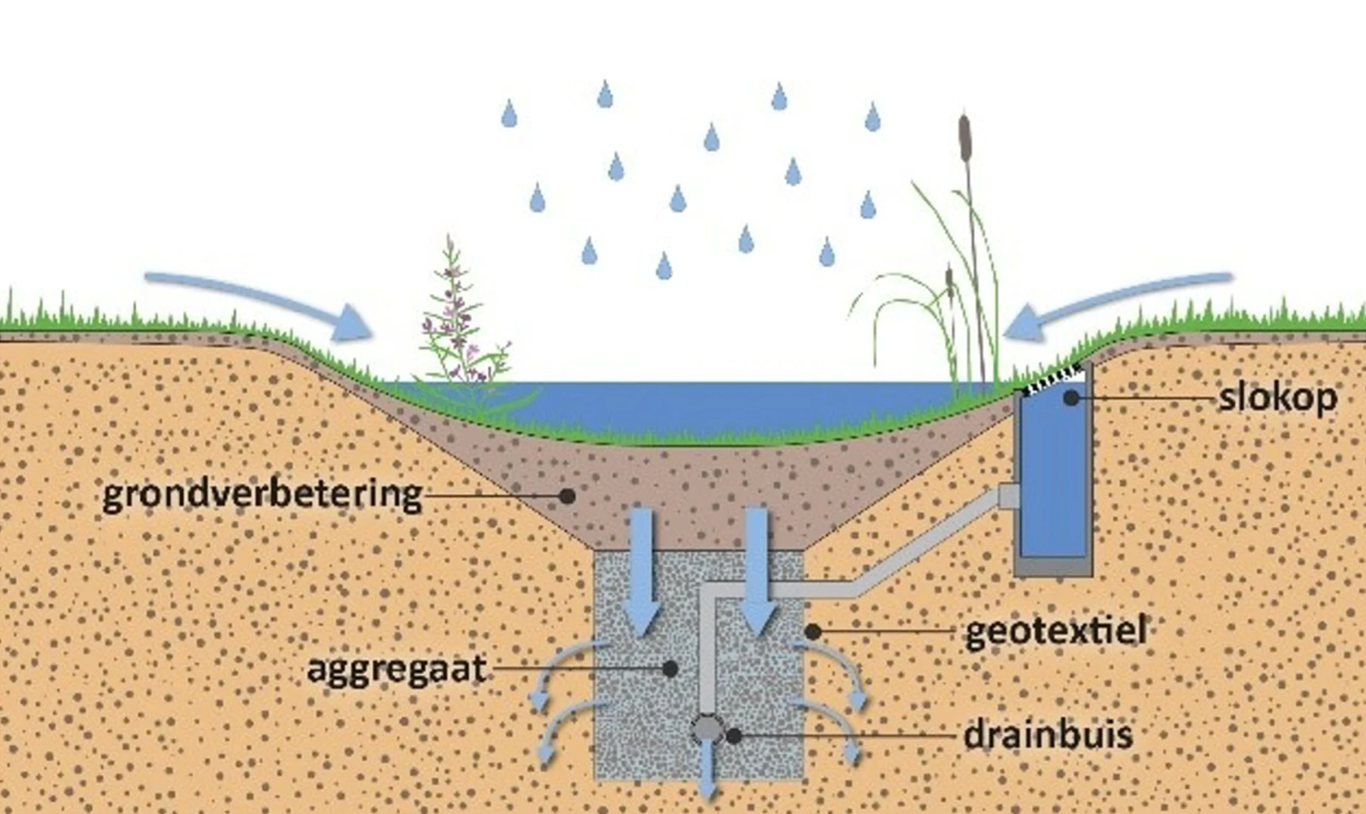 Schematische doorsnede van een gevulde wadi